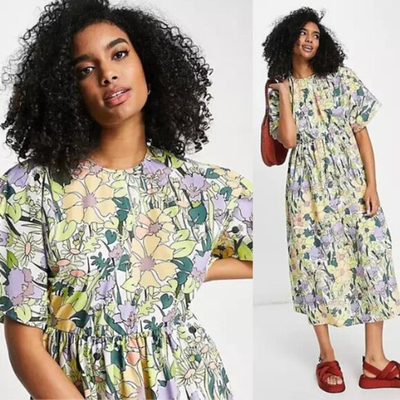 ASOS Floral Midi Dress - Green and Purple - Picture 1 of 12